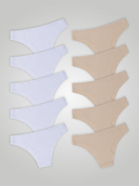 Kit com 10 Calcinhas Biquíni Sem Costura Segunda Pele (5 Branco e 5 Bege) - R$18,99 cada