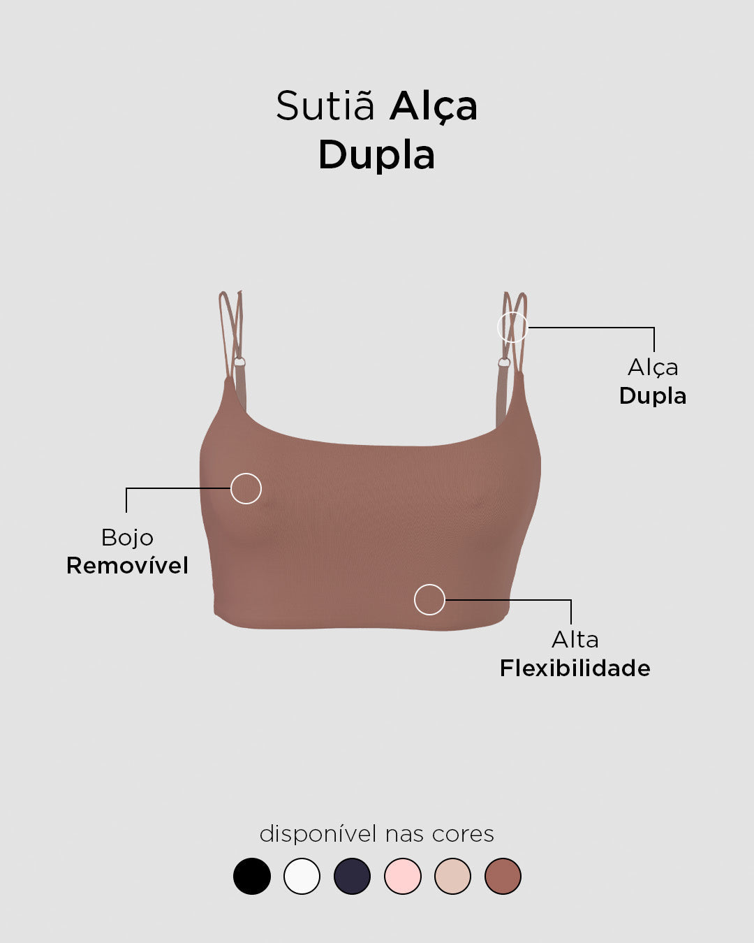 Sutiã Top Alça Dupla com Bojo Removivel Marrom Cacau