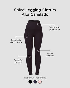 Calça Legging Cintura Alta Canelado Sem Costura Preto
