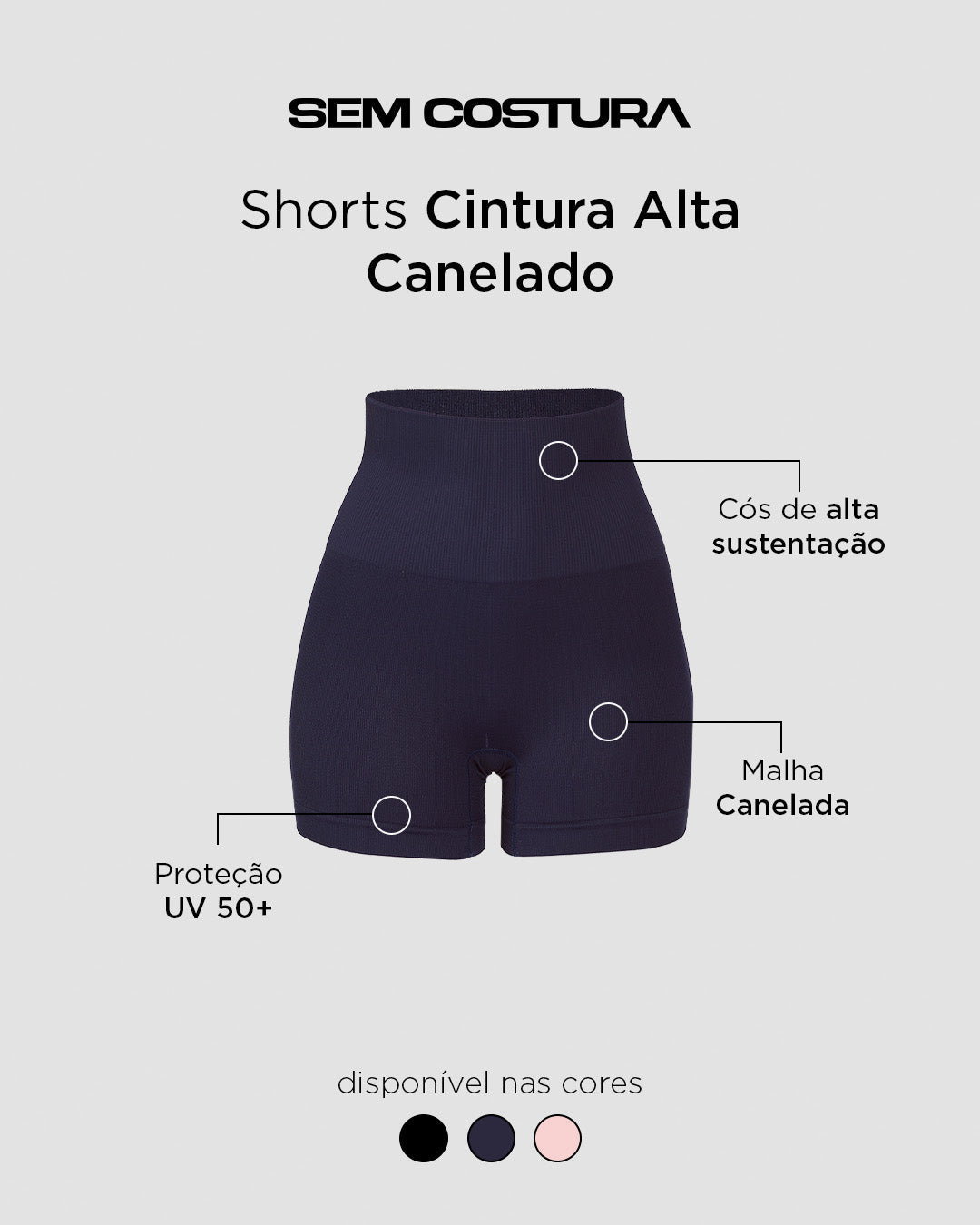 Shorts Cintura Alta Canelado Sem Costura Azul Marinho