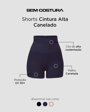 Shorts Cintura Alta Canelado Sem Costura Azul Marinho