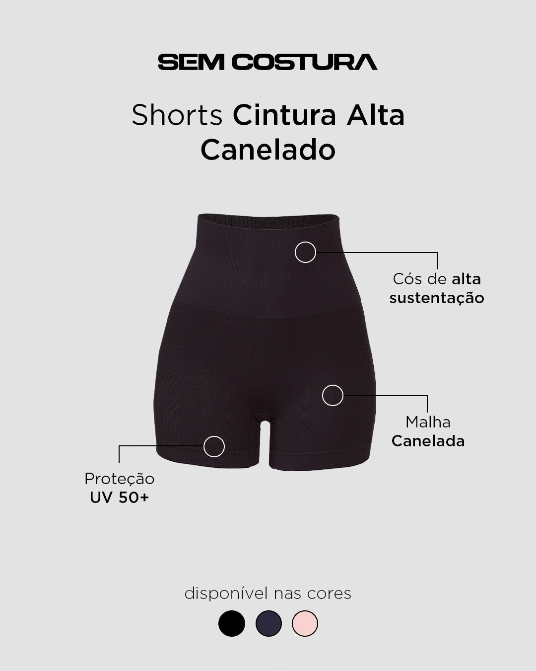Shorts Cintura Alta Canelado Sem Costura Preto