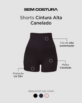 Shorts Cintura Alta Canelado Sem Costura Preto