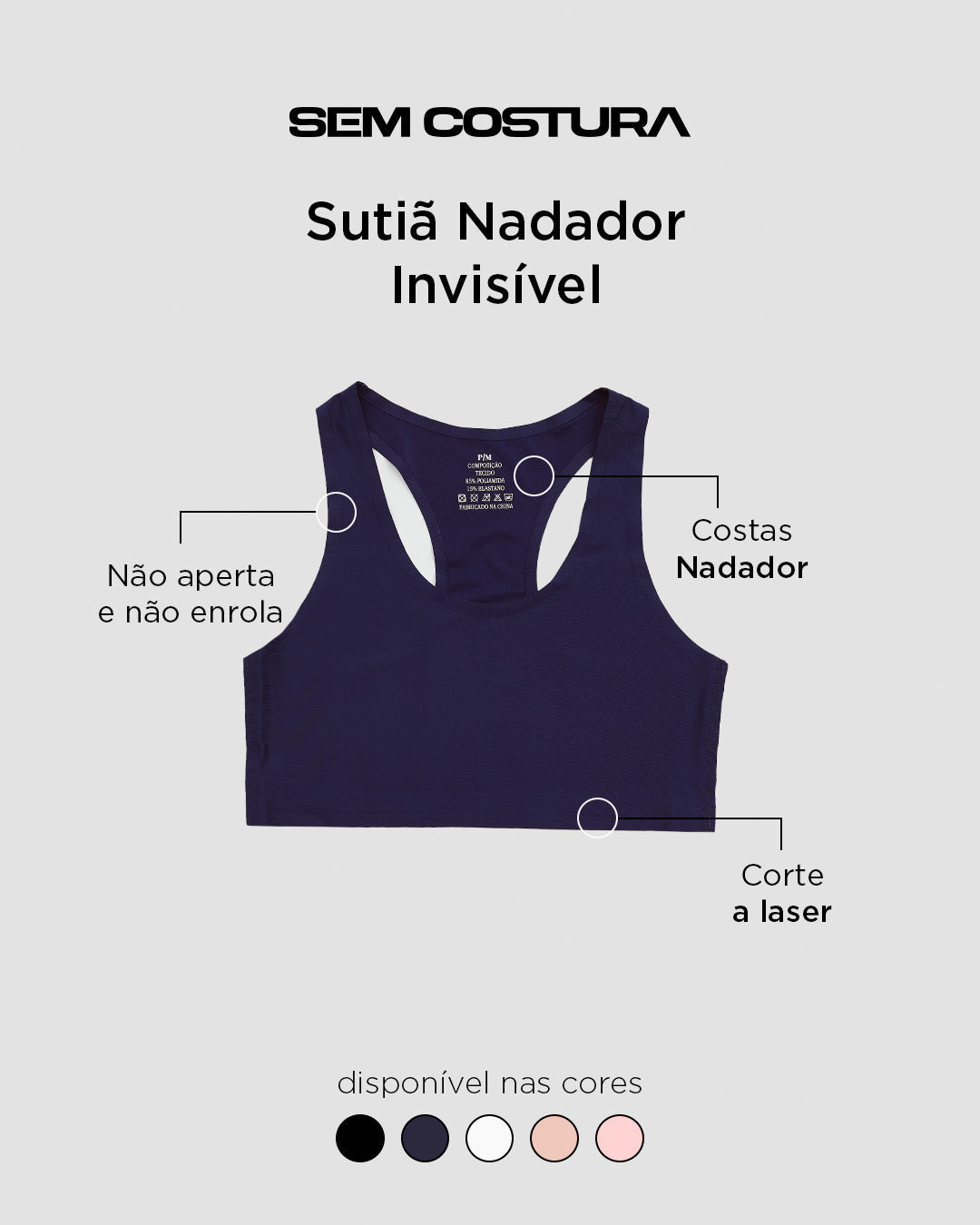 Sutiã Nadador Invisível com Bojo Removível Sem Costura Azul Marinho
