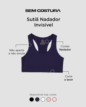 Sutiã Nadador Invisível com Bojo Removível Sem Costura Azul Marinho
