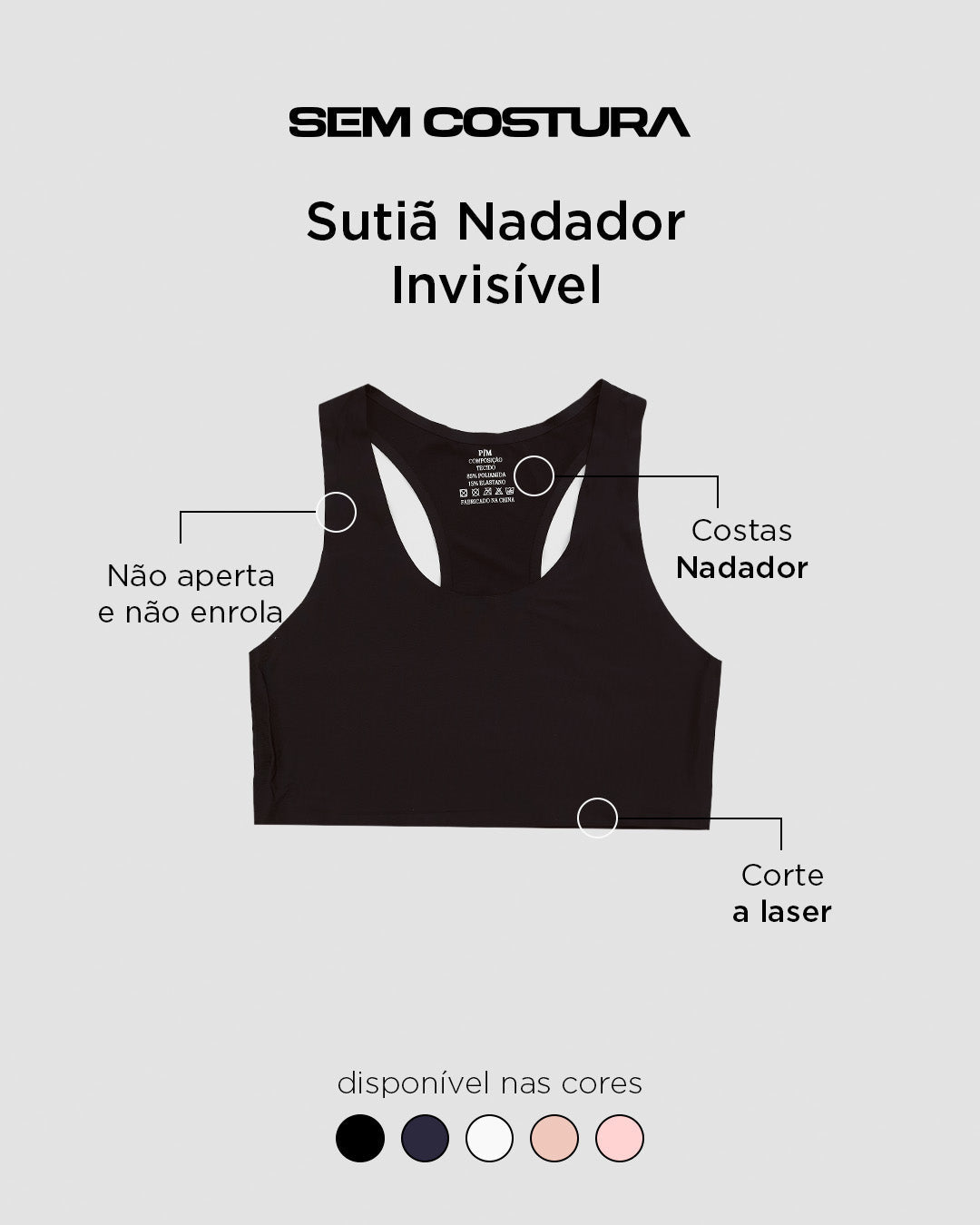 Sutiã Nadador Invisível com Bojo Removível Sem Costura Preto