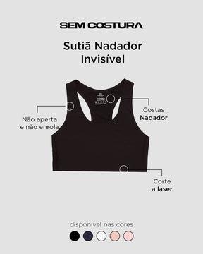 Sutiã Nadador Invisível com Bojo Removível Sem Costura Preto